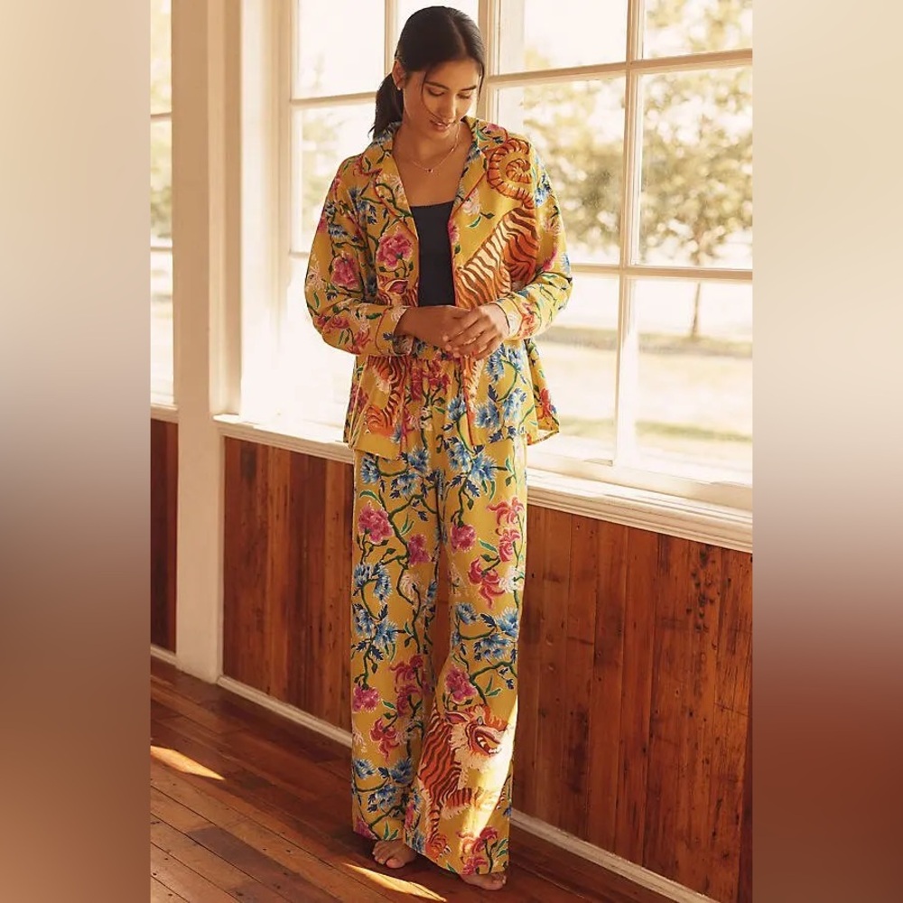 Anthropologie LyreBird Cloud Flannel Pajama Set Tiger Floral Yellow XS